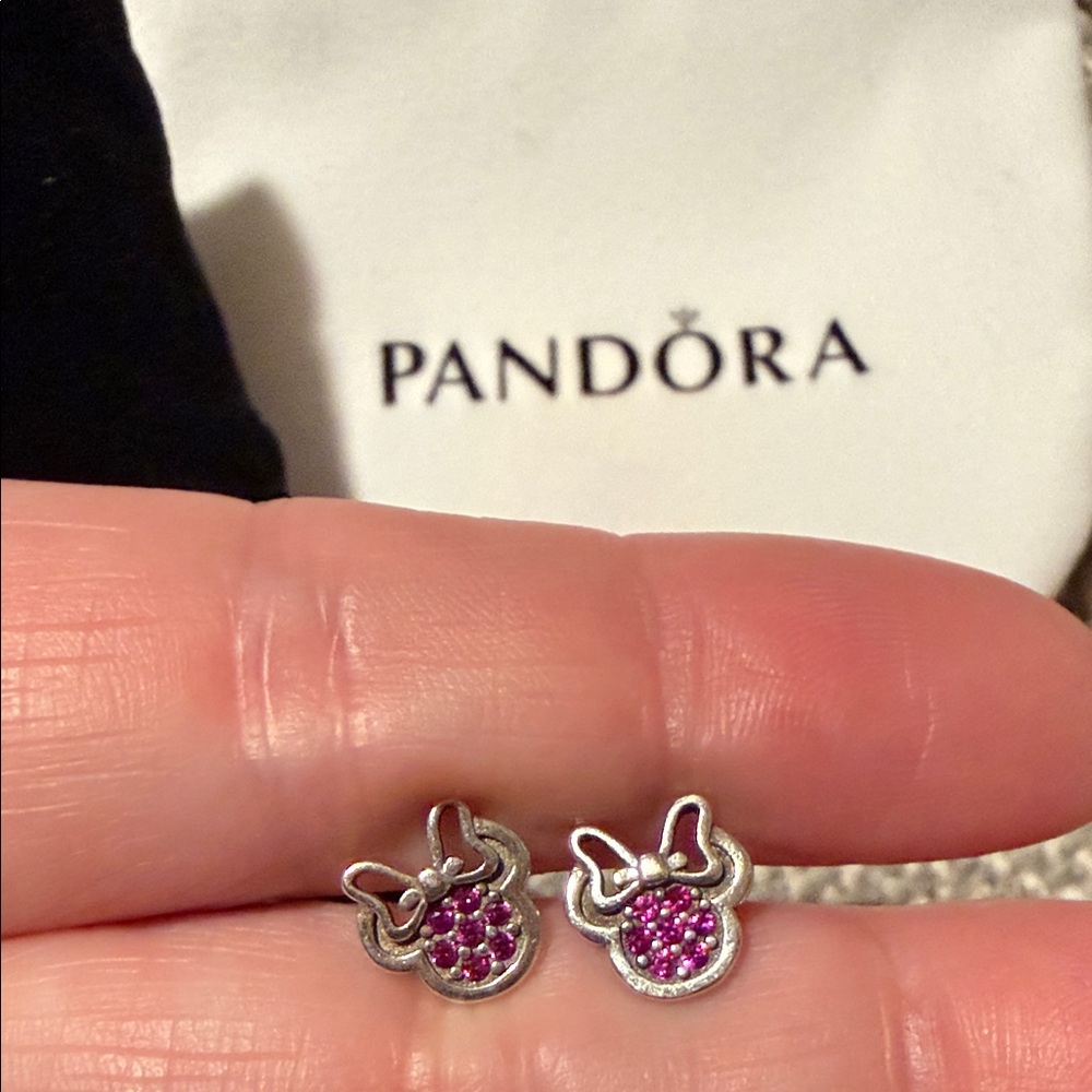 Pandora Minnie Rhinestone Silver and Pink Bow Earrings New